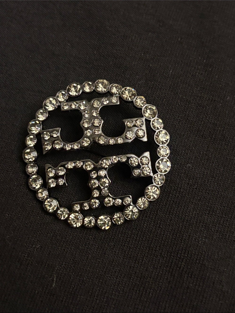 Tory Burch Gunmetal Crystal Round Logo Brooch - NWOT only green pouch
